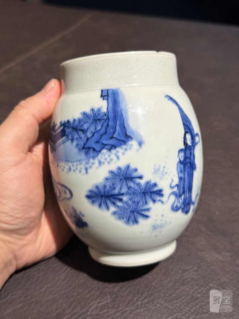 明崇祯 青花“宫妃图”莲子罐 - 图4